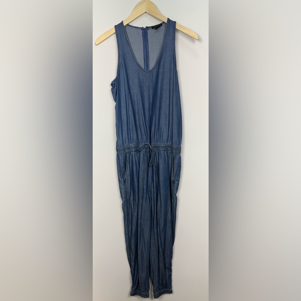 THEORY Blue Chambray Denim Sleeveless  Elastic Waist Tapered Leg Jumpsuit Sz XS